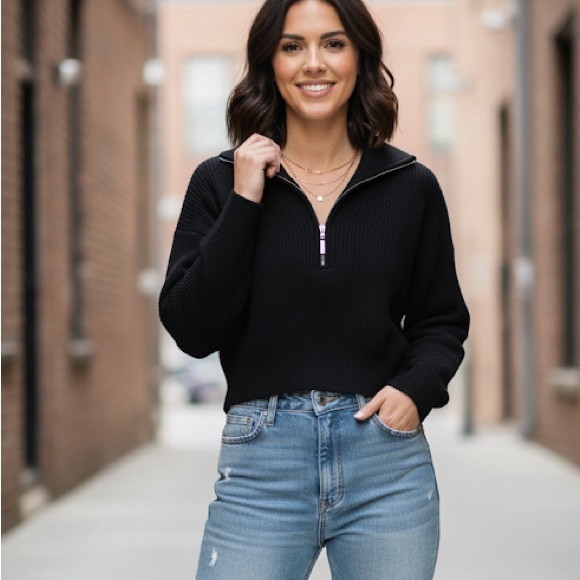 Dynamite Sweaters - Dynamite Black Ribbed Half-Zip Top cinched wasit sweater